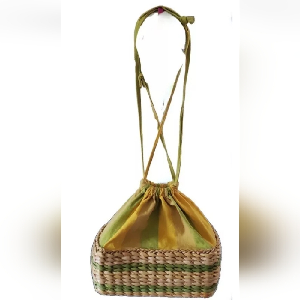 Sun 'N' Sand Bag Woven Rattan Straw & Fabric Beach Drawstring Colorful Purse - Picture 3 of 15